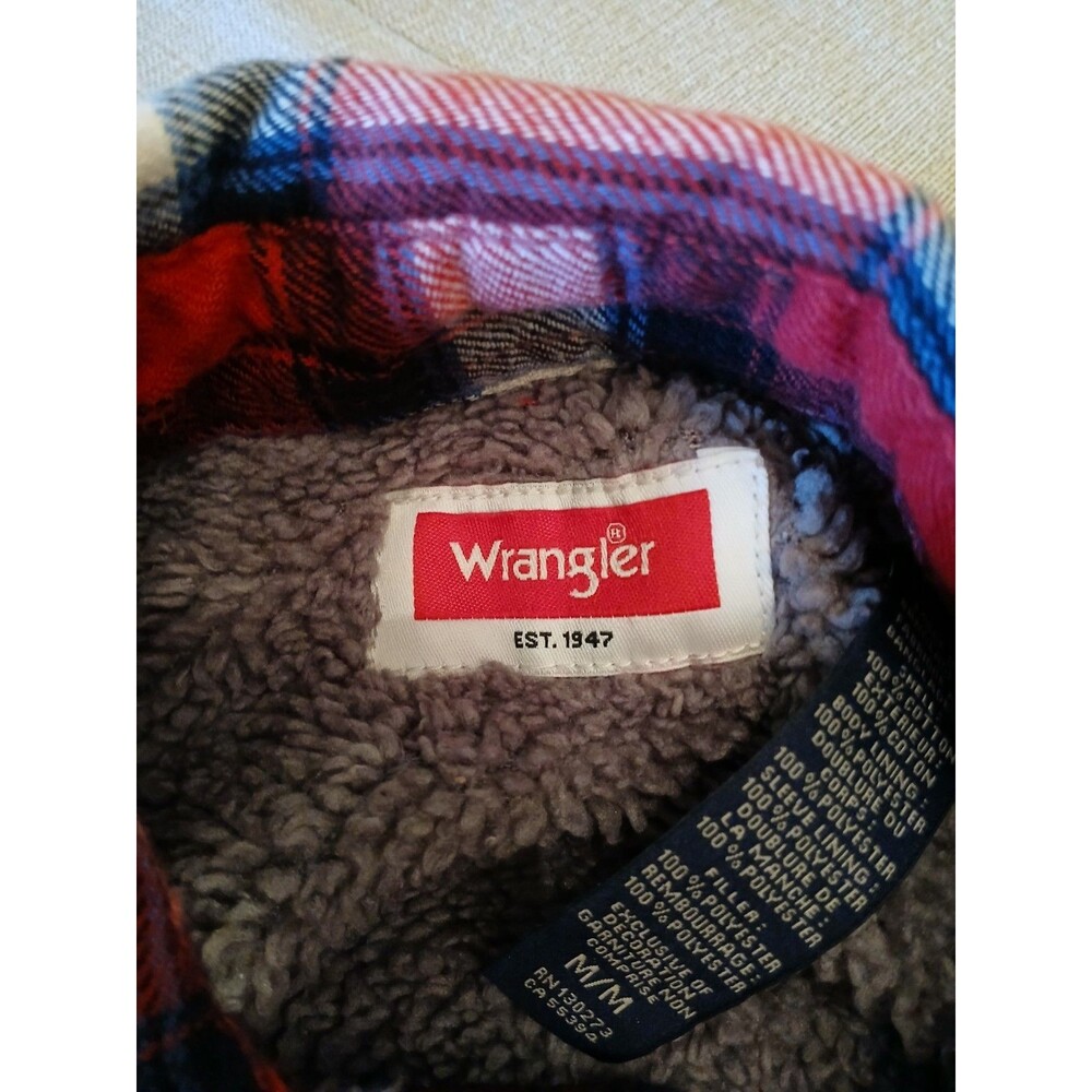 Vintage Wrangler Red Plaid Flannel Shacket Men's Medium Sherpa Fleece Lined Warm - Picture 6 of 11